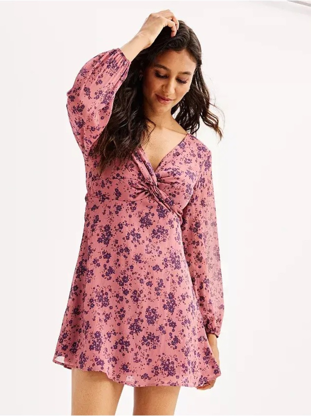 Mauve/plum Floral Feminine, Knot Front, Y2K Skater Dress, babydoll, retro style